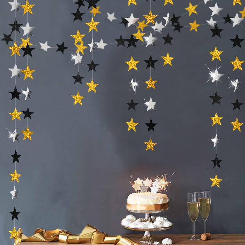 Decor365 Gold Black Star Garland Hanging Star Party DecorationsTwinkle Little Star Starry Night Galaxy Theme Graduation Birthday Bridal Shower Bachelorette NYE New Year’s Eve Party Backdrop Décor