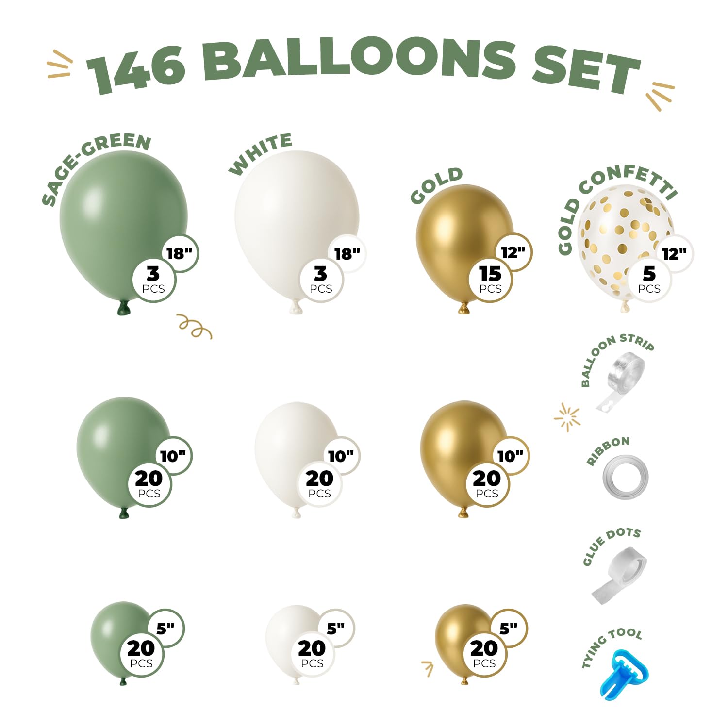 Balloon Garland Arch Kit – 146 Pcs Sage Green, White, Metallic Gold & Confetti Balloons for Baby Shower, Birthday, Gender Reveal, Wedding Party – DIY Kit by Vellax™
