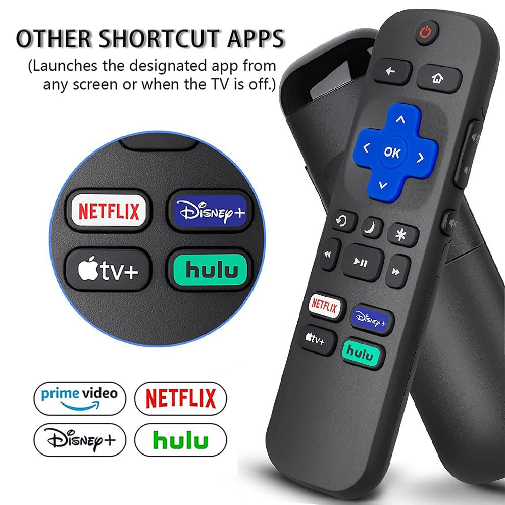 New Replacement for Roku-TV-Remote, Roku Remote Control for TCL Roku/Hisense/Onn Roku/Sharp Series Smart TVs (Not for Roku Stick and Box), with 4 Shortcuts Netflix/Disney/Hulu/Apple TV(2 Bateries)