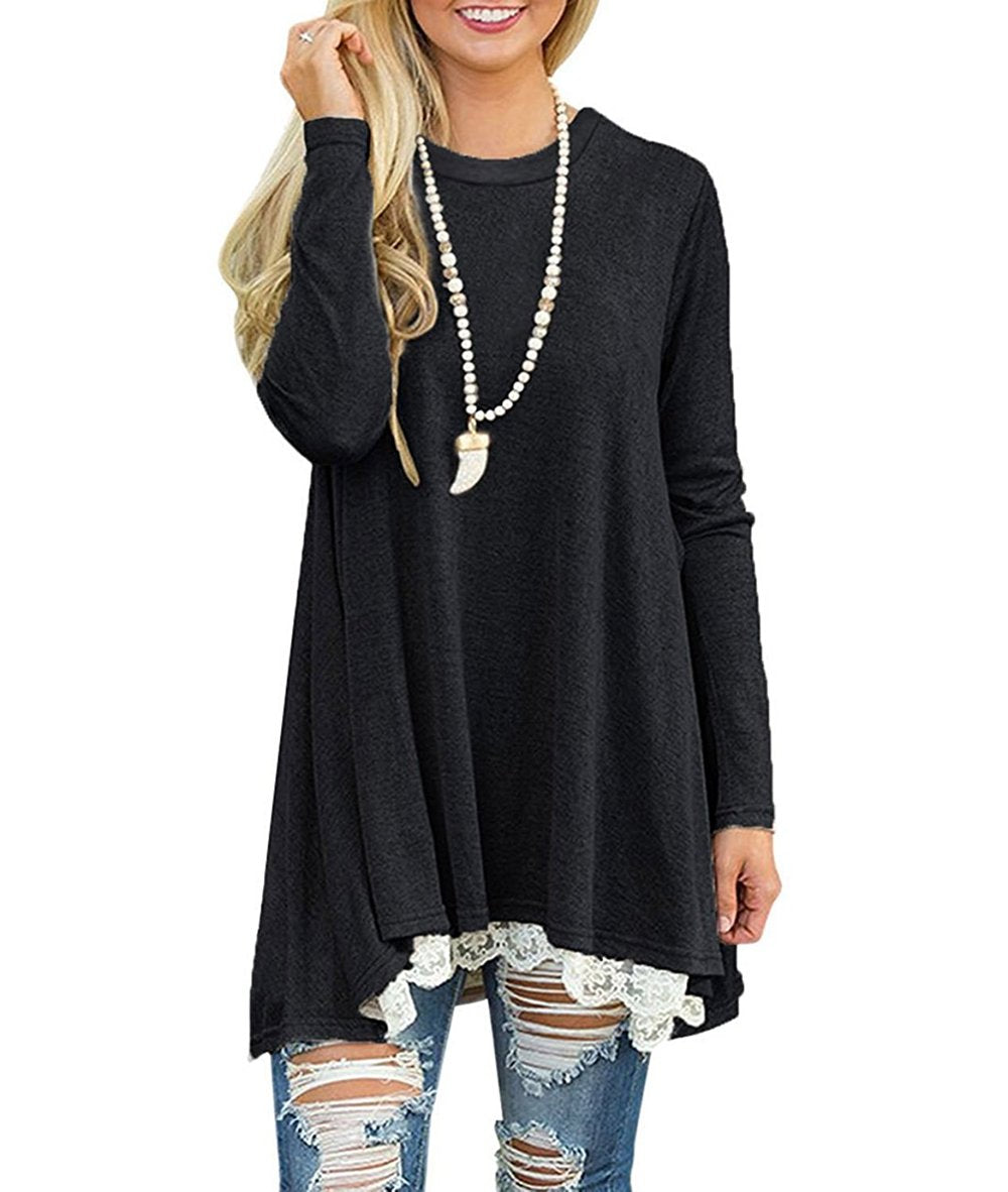 WEKILI Women's Tops Long Sleeve Lace Scoop Neck A-line Tunic Blouse Black L/US 12-14