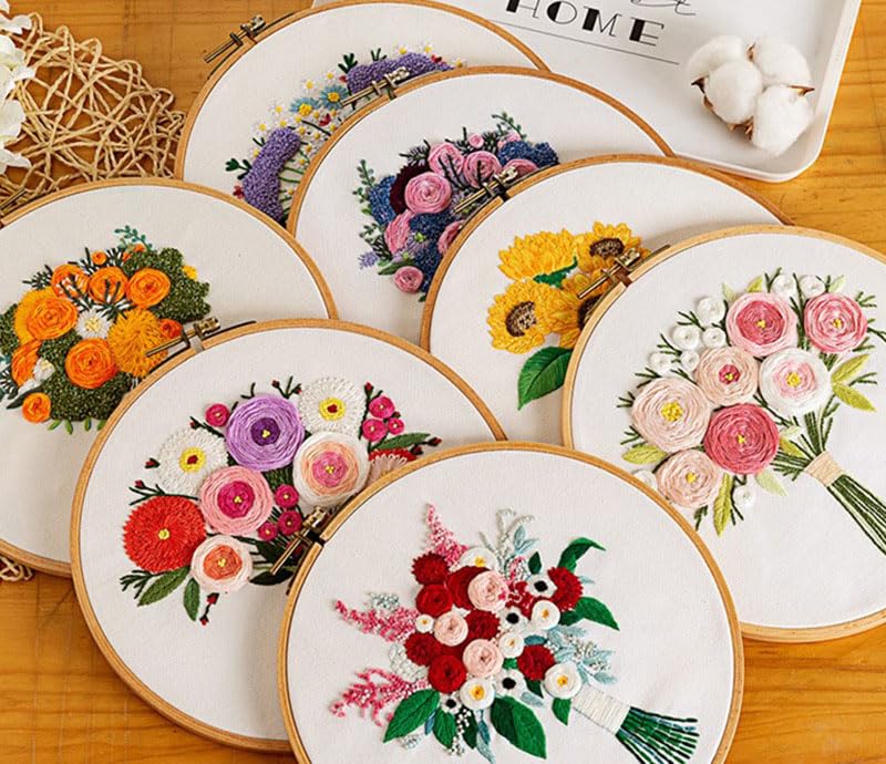 KomoDomo 5 Sets Embroidery Kit for Beginners Learn to Embroider Kit Adult Beginner Embroidery Starter Kit with Pattern and Instruction Cross Stitch Set Kids Embroidery Kit (A Bunch Flowers 5P)