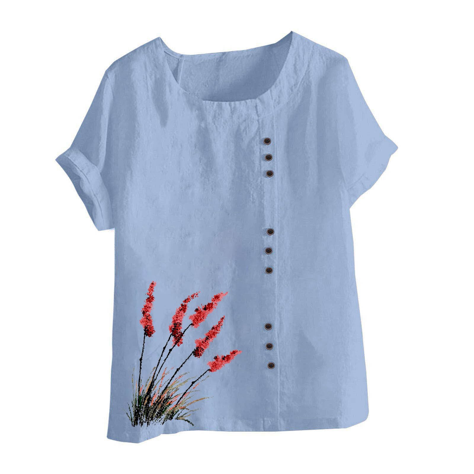 Tunic Tops for Women Dressy Short Sleeve Solid Color Floral Print Shirts Casual Crew Neck Summer Top Blouses 2025