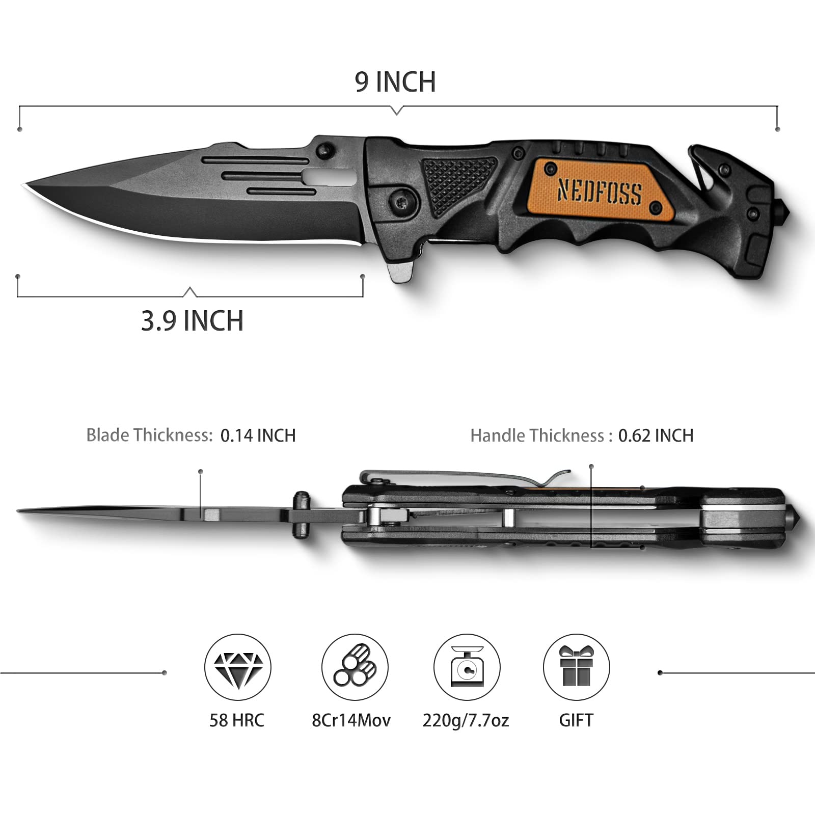 NedFoss Pocket Folding Knife DA75, 3 in 1 Pocket Knife for Men, Survival Knife with Liner-Lock Belt Clip, Seat Belt Cutter, Glass Breaker, Hunting knife for Camping Hiking