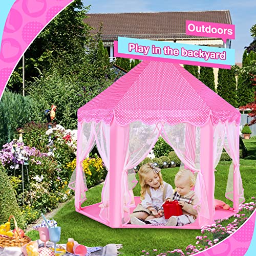 Monobeach Princess Castle Play Tent for Girls - Large 55'' x 53'' Playhouse with Star Lights for Indoor and Outdoor Play