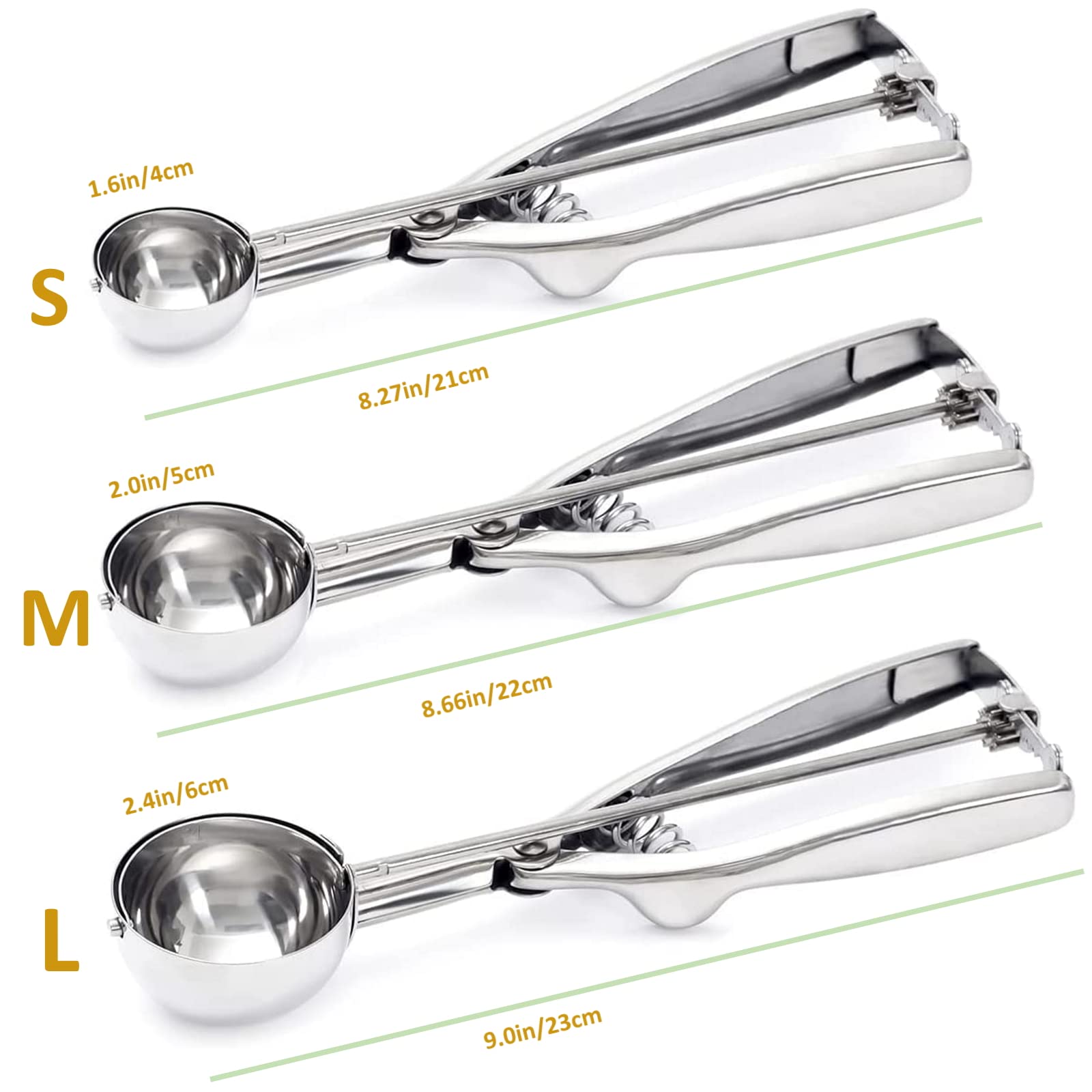Ice Cream Scoop, 3Pcs Cookie Scoop Set, 18/8 Stainless Steel Cookie Dough Scoop, Cookie Scoops for Baking Set of 3, Ice Cream Scooper with Trigger Release, Cookie Scooper for Baking