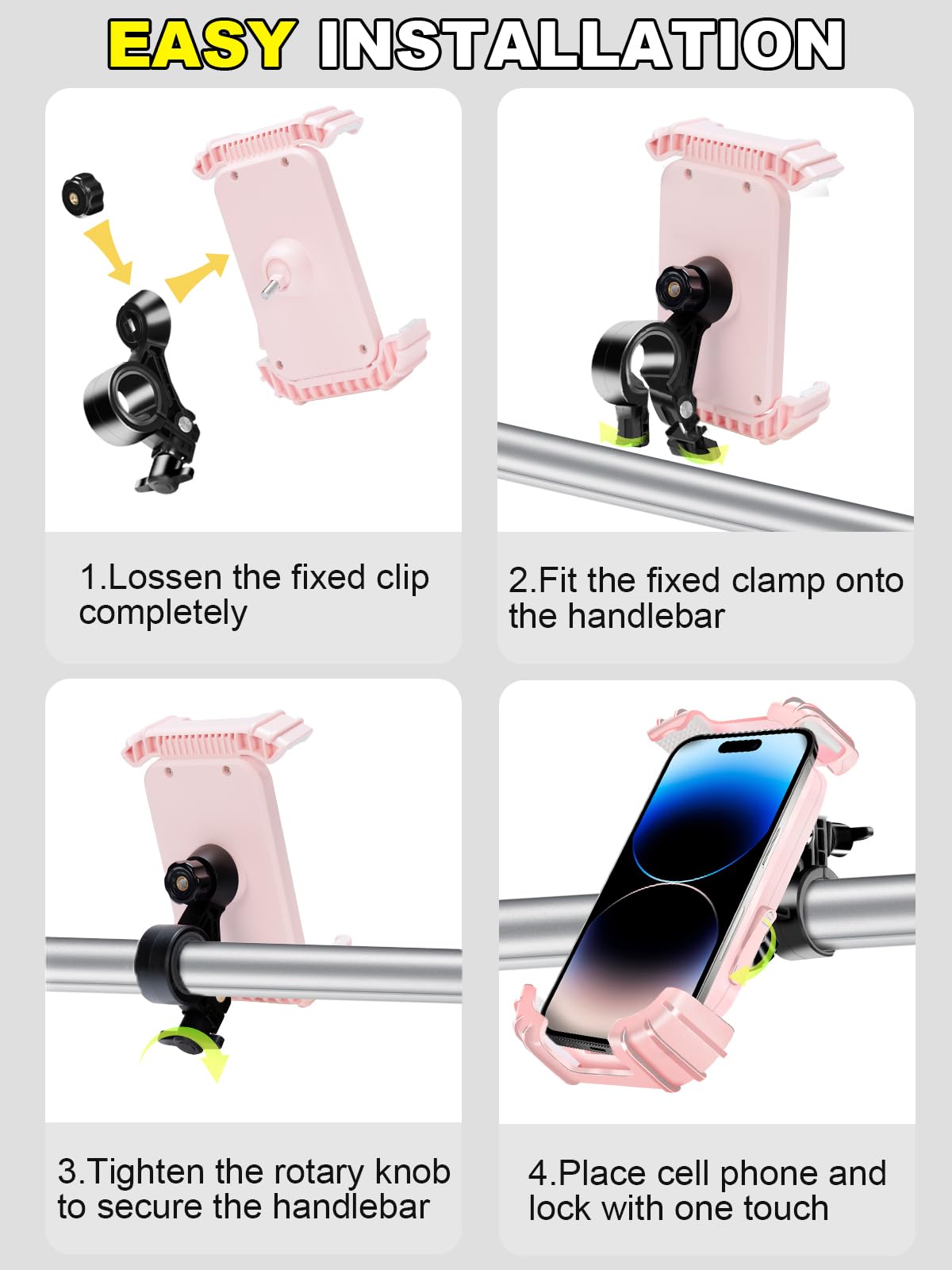 CRUIHOG Bicycle Phone Holder,Motorcycle Handlebar Phone Mount,1S Quick Lock Release,360°Rotation Silicone Wrapped Phone Clamp Stand for E-bike,Scooter ATV Strollers Bike Phone Clip,for 4.7- 6.8"Phones