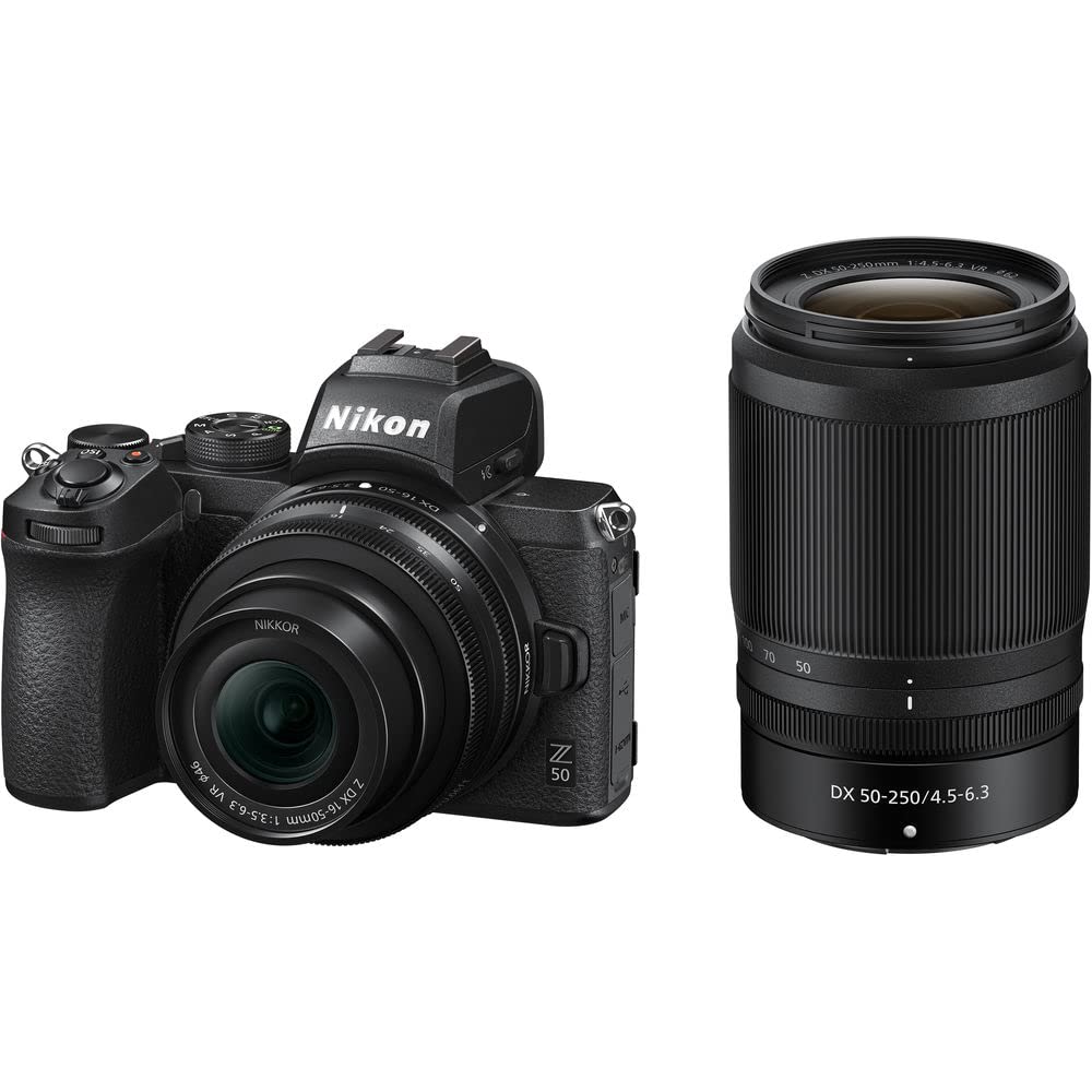 Nikon Z50 Compact Lightweight Mirrorless Camera with 16-50mm and 50-250mm Lenses + ENEL25 Replacement Battery + Extreme PRO 64GB Card+ UV Lens Filter + Photo Editing Software + More