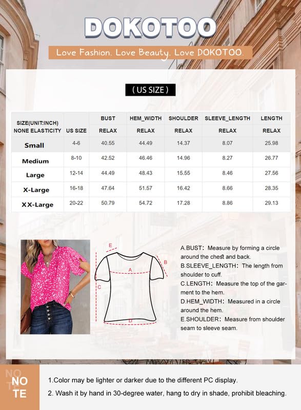 Dokotoo Womens Casual Alicia Flowy Print V Neck Smocked Short Sleeve Chiffon Blouses Tshirts Tops for Women 2024 Summer Trendy Work Business Boho Top Small Blue