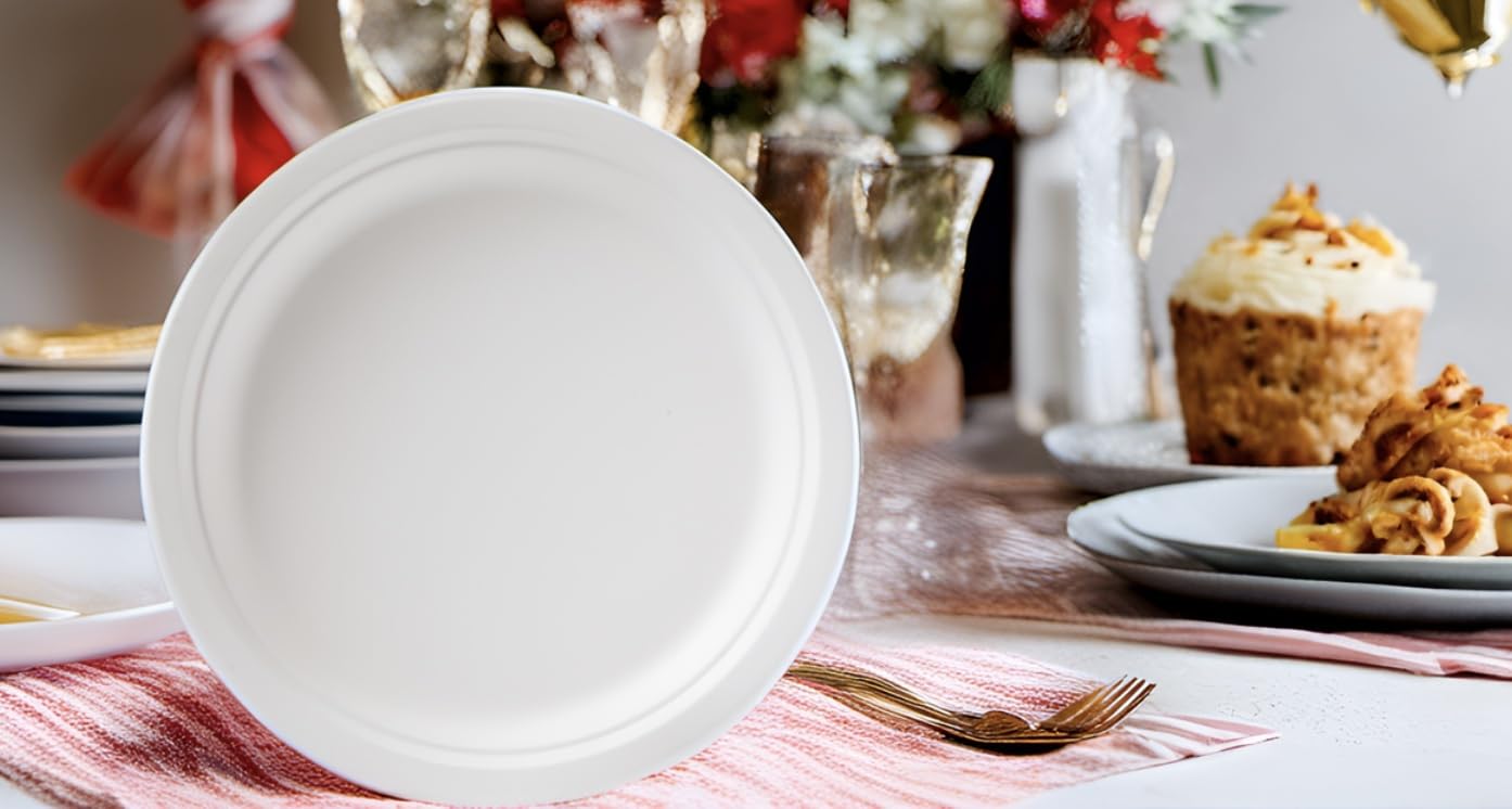 Susty Party 10-Inch Compostable Round (50-Count), Sugarcane Heavy Duty Disposable Biodegradable Plate for Dinner, White