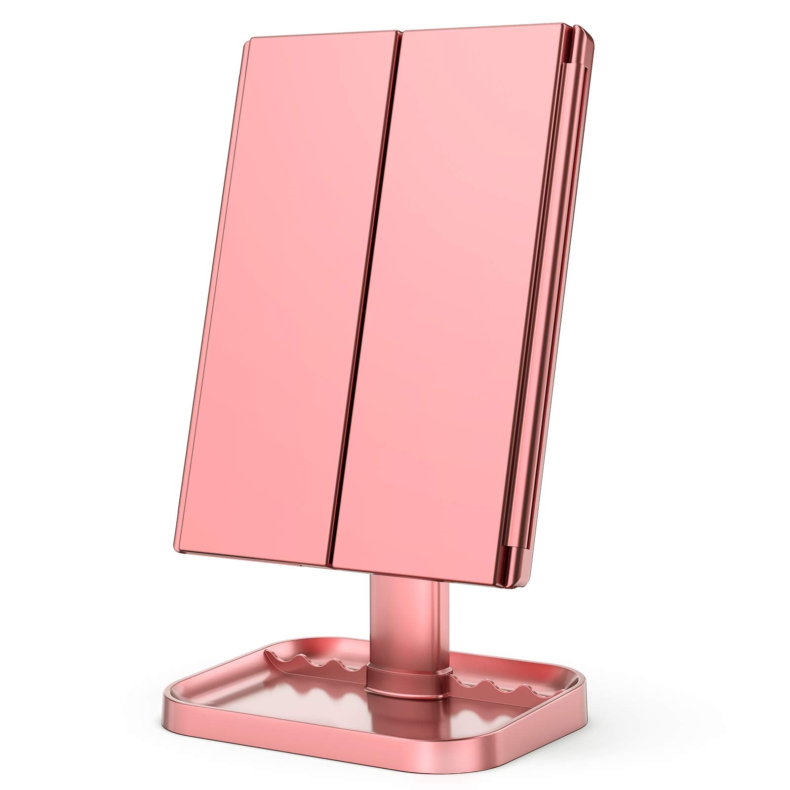 HUONUL Makeup Mirror Vanity Mirror with Lights, 2X 3X 10X Magnification, Lighted Makeup Mirror, Touch Control, Trifold Makeup Mirror, Dual Power Supply, Portable LED Mirror, Women Gift (Rose Gold)