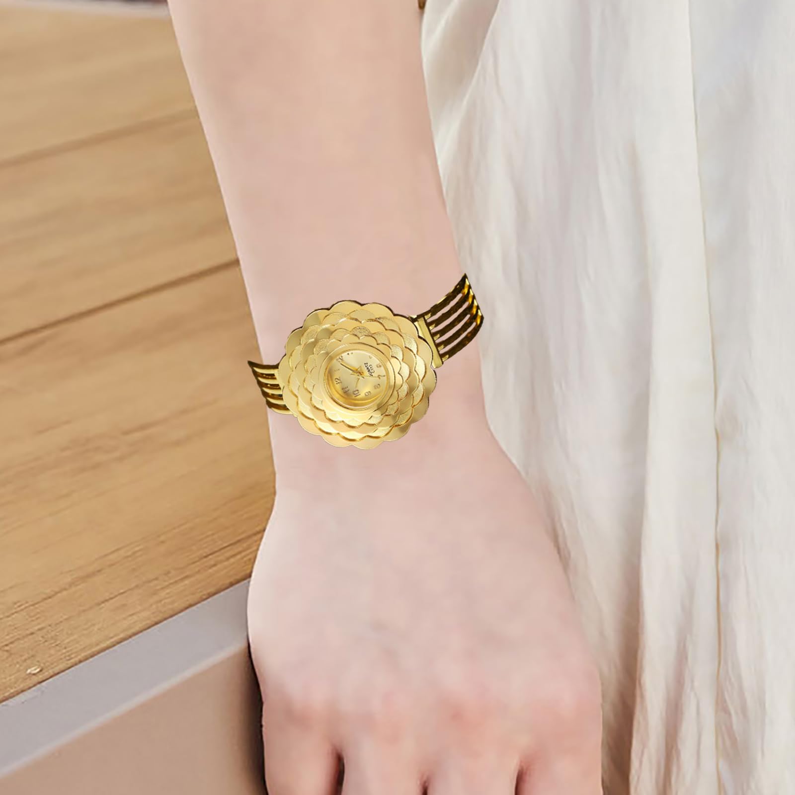 BESTKANG Womens Luxury Watch Flower Shape Cuff Bracelet Analog Quartz Wrist Watch Fashion Casual Watches for Women (Gold)