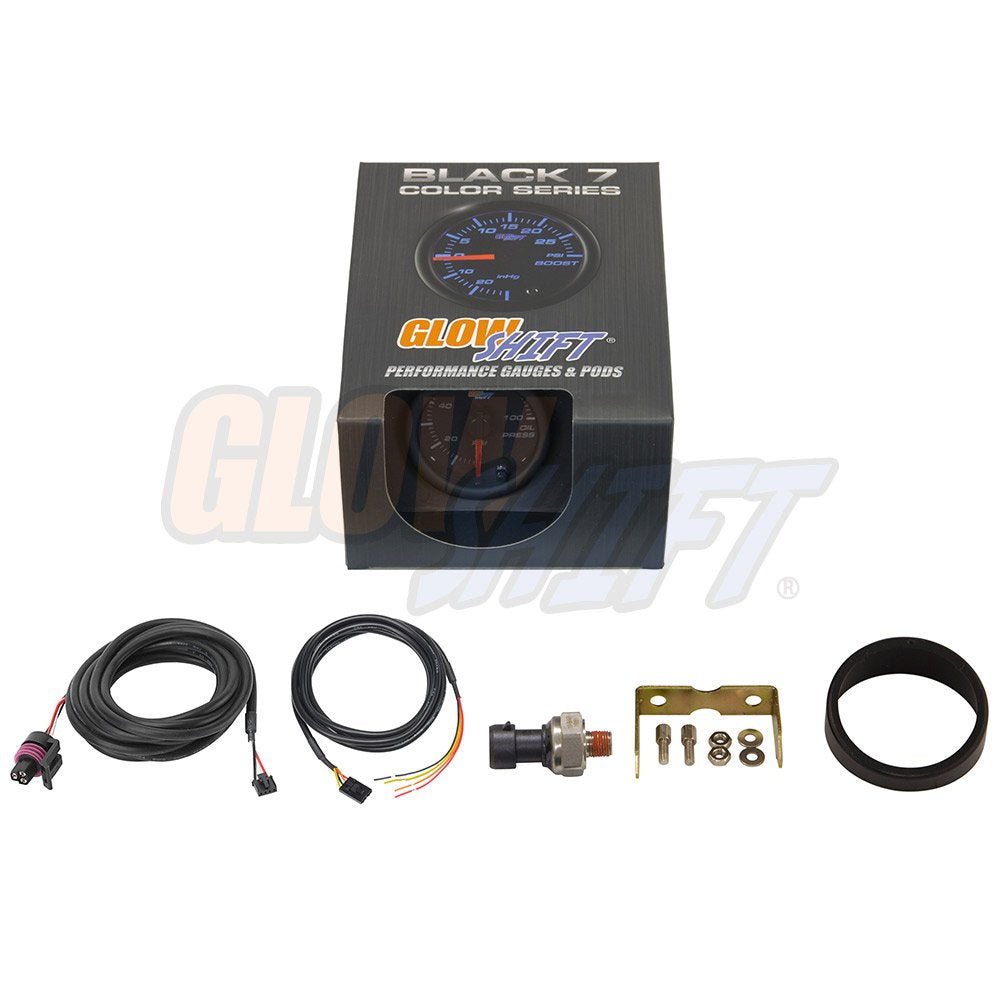 GlowShift Tinted 7 Color 100 PSI Oil Pressure Gauge Kit - Includes Electronic Sensor - Black Dial - Smoked Lens - for Car & Truck - 2-1/16" 52mm