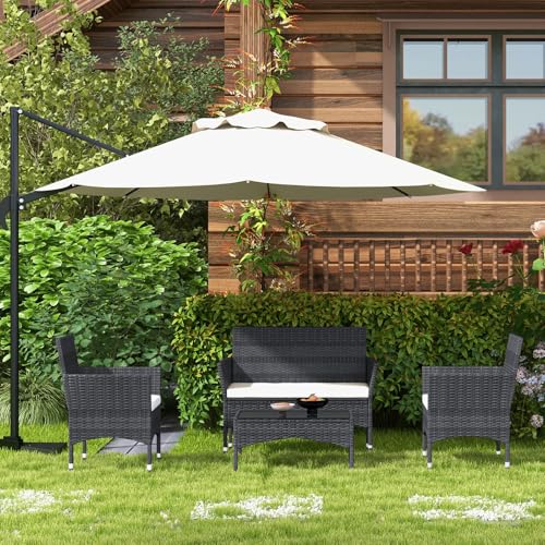 TINKLE WELL Outdoor Patio Furniture, 4 Pieces Rattan Chairs Wicker Conversation Set with Tempered Glass Table, Cushion, for Yard, Garden, Poolside, Porch, Bistro, Balcony, Black and Beige