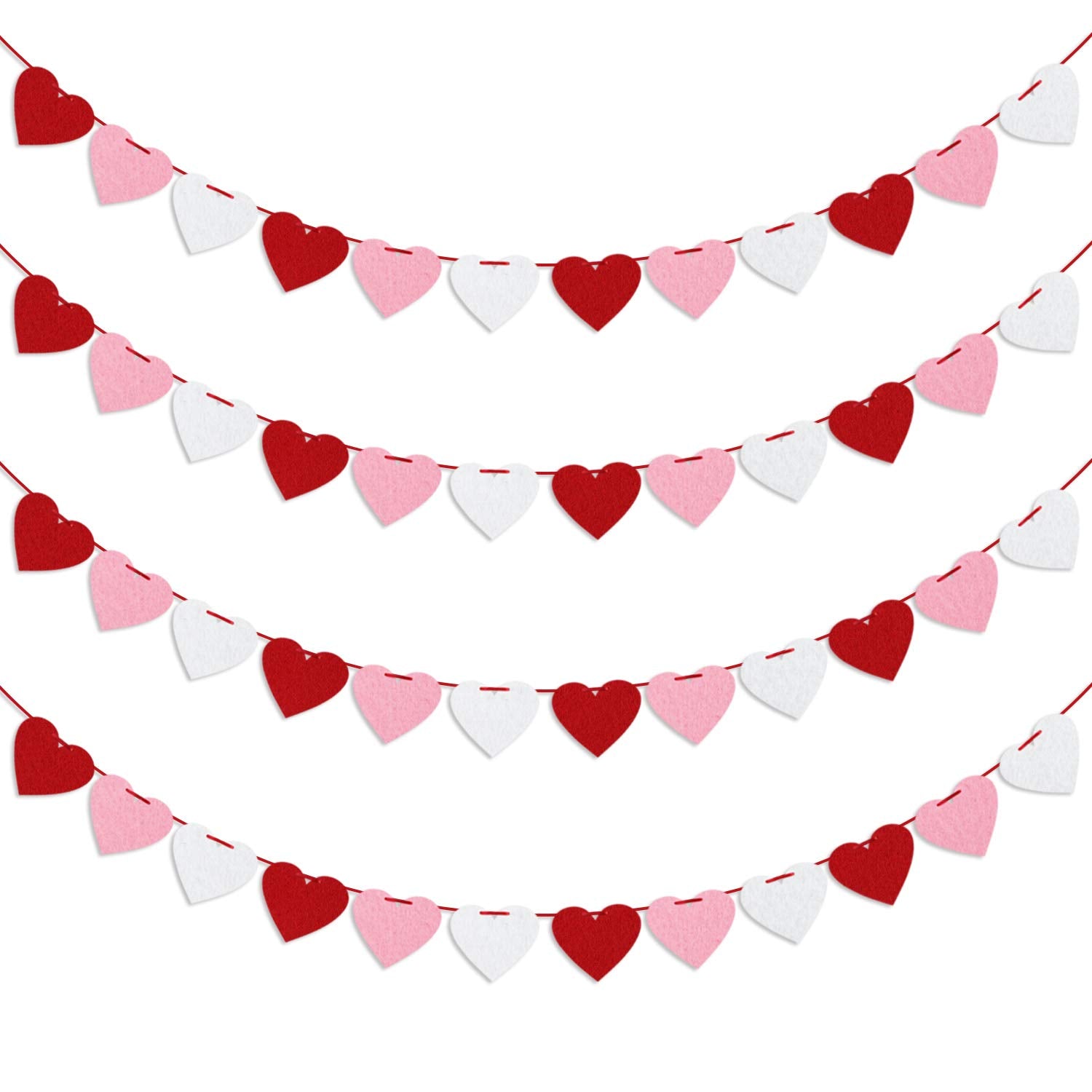 Felt Heart Garland Banner, Pre-Strung | Valentines Decorations | Red Pink White Valentines Banner | Anniversary Wedding Birthday Party Decorations | Outdoor Home Hanging Valentines Decor