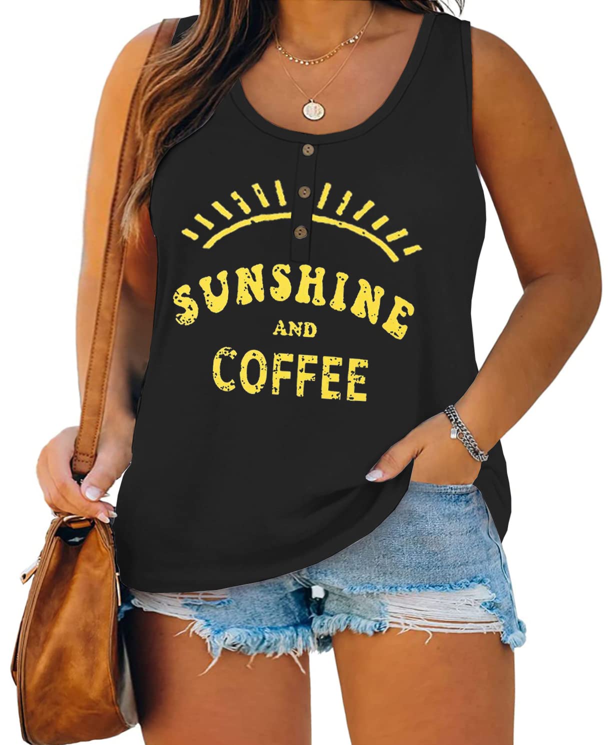 Plus Size Tank Tops for Women Summer Sleeveless Henley T-Shirts Tops Casual Sunshine Coffee Graphic Tee Tunics Shirts