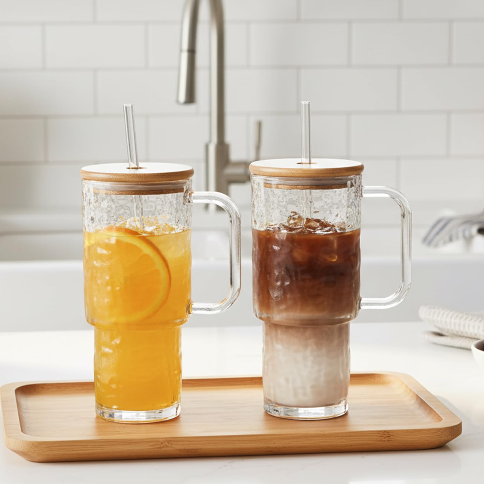 SIPBYSOP 26 oz Water Ripple Glass Tumbler with Handle Lid and Straw, 2 Pack Large Iced Coffee Cups,With Bamboo Lid,for for Hot & Cold Beverages, Smoothies, Tea and Juice, Dishwasher Safe