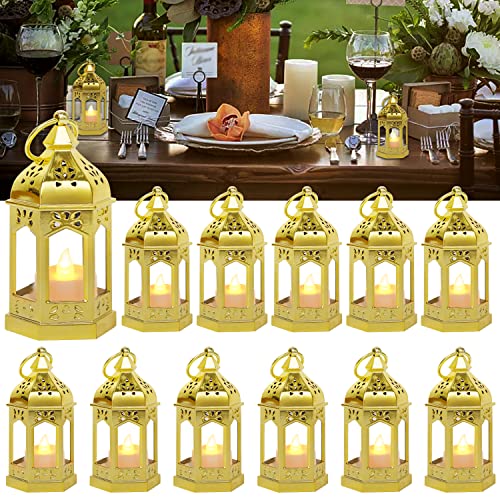 SHYMERY Mini Lantern with Flickering LED Candles,Vintage Black Decorative Hanging Candle Lanterns for Halloween,Wedding Decorations,Christmas,Table Centerpiece,Battery Included（Set of 6）