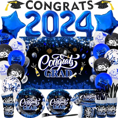 2024 Graduation Decorations-122Pcs Graduation Party Supplies Included Congrats Grad Backdrop,Graduation Banner, Balloons and Tableware(Blue)