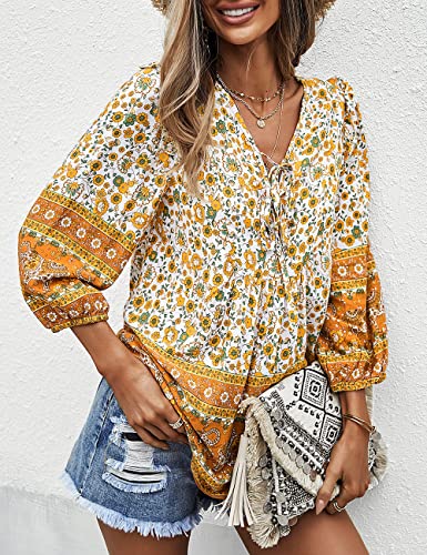 PRETTYGARDEN Women's Floral Ruffled Tunic Blouse Tie V Neck Casual Long Sleeve Babydoll Peplum Tops(02_Green,Small)