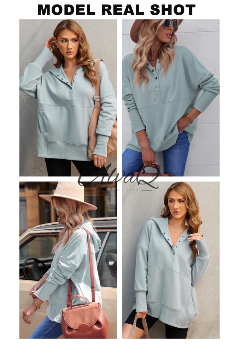 AlvaQ Womens Sweatshirts Button V Neck Fleece Oversized Hoodies Casual Loose Pullover Hooded Tops Fall Winter Outfits 2025 Grey Large