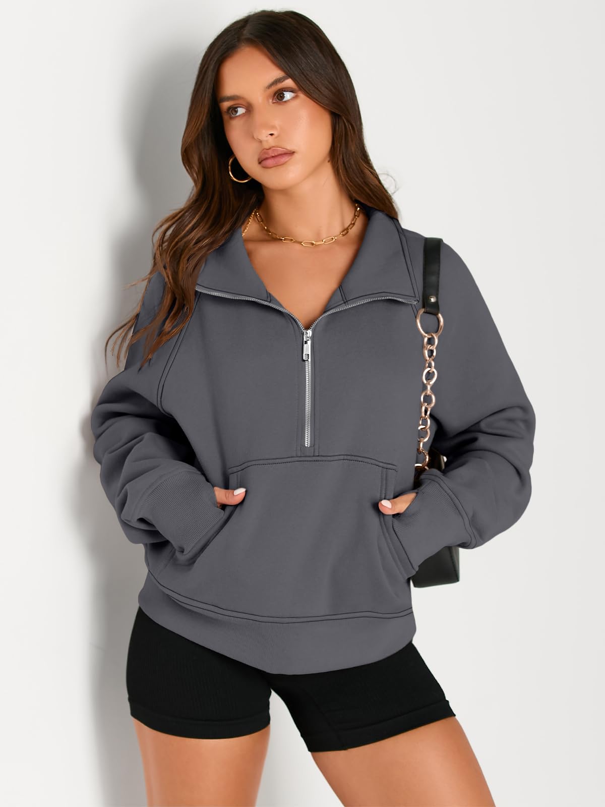 AUTOMET Womens Sweatshirts Half Zip Cropped Pullover Fleece Quarter Zipper Hoodies 2024 Fall Fashion Outfits Clothes DarkDrey Small