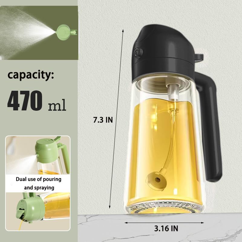 NIKKIER Oil Sprayer for Cooking,2 in 1 Olive Oil Dispenser and Oil Sprayer 470ml Olive Oil Spritzer,Oil Sprayer for Air Fryer, Salad,BBQ,Roasting-Black