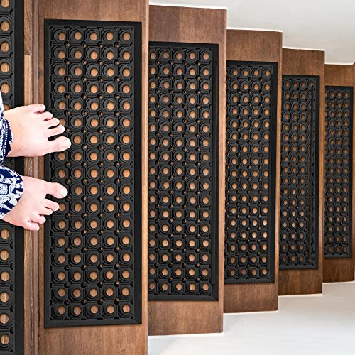 Ottomanson Indoor/Outdoor Hose-Wash Holes Design Non-Slip Rubber 10" x 30" Modern Stair Treads for Stairs, Garage, Patio, 5 Pack, Black Holes