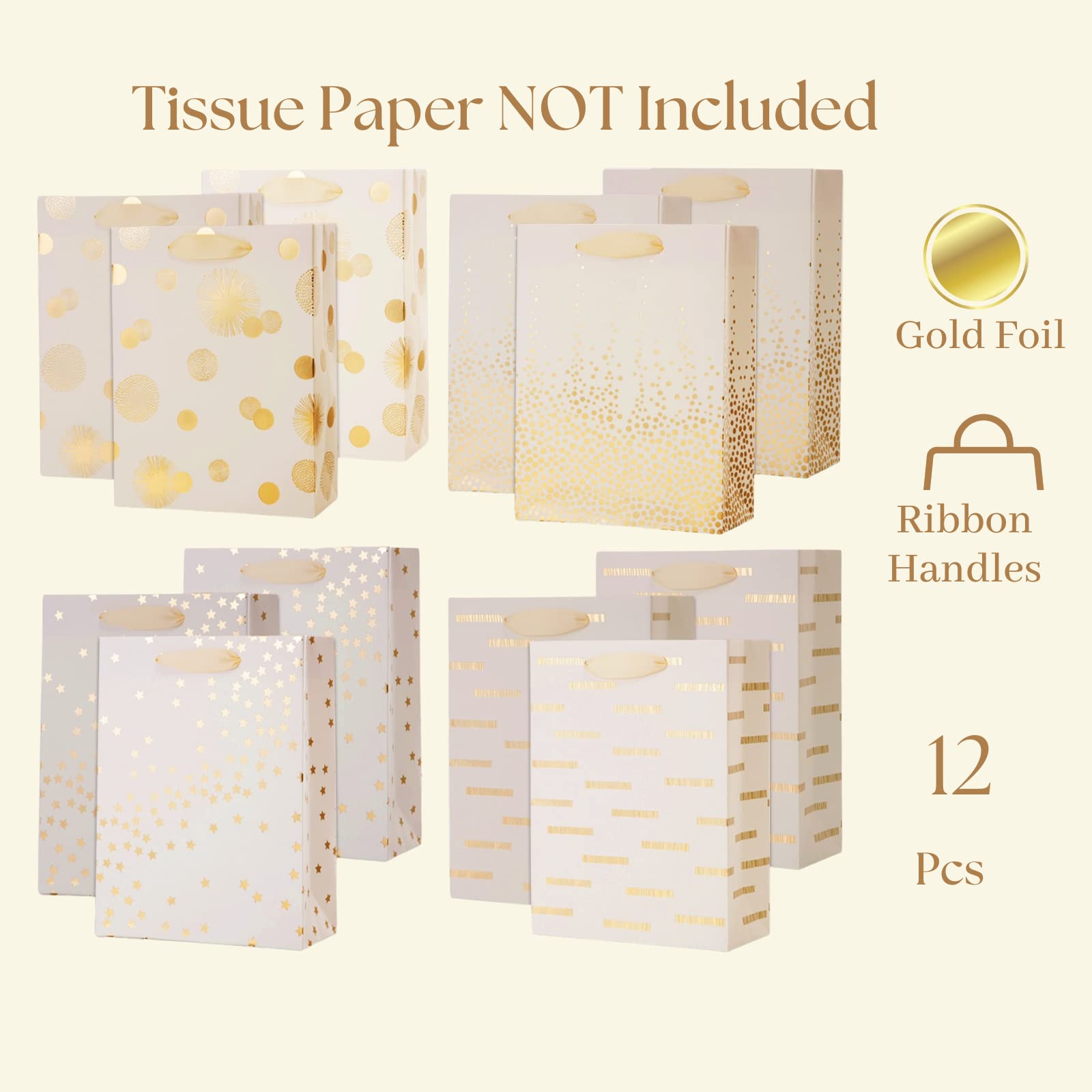 UNIQOOO 12PCS Assorted Metallic Gold Gift Bags Bulk, Medium 9 Inch, Polka Dots, Star Geometric Paper Gift Wrap Bag, For Wedding Birthday Gift Packaging, Valentine's Day, Mother's Day Party Favor Decor