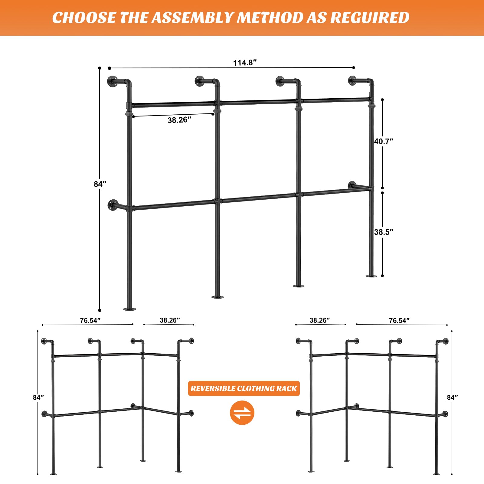 Aheaplus Industrial Pipe Clothing Rack, Reversible 9.85FT Clothes Rack for Hanging Clothes, Heavy Duty Garment Rack, Wall Mounted Closet Wardrobe Rack, Corner L Shaped Walk-in Closet System, Black