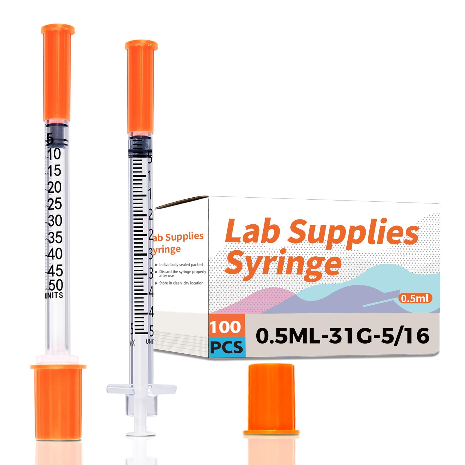 U-100 Syringe 0.5ml/cc 31G 5/16" 8mm Scientific Lab Syringes, Pack of 100, Disposable Individual Package