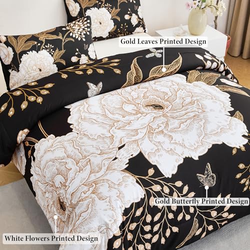 ANGIYUIN Black Floral Full Size Comforter Set White Flowers Bedding Set 3 Pcs Gold Leaves Butterfly Botanical Bedding Comforter Set Soft Farmhouse Bed Sets for Women Men