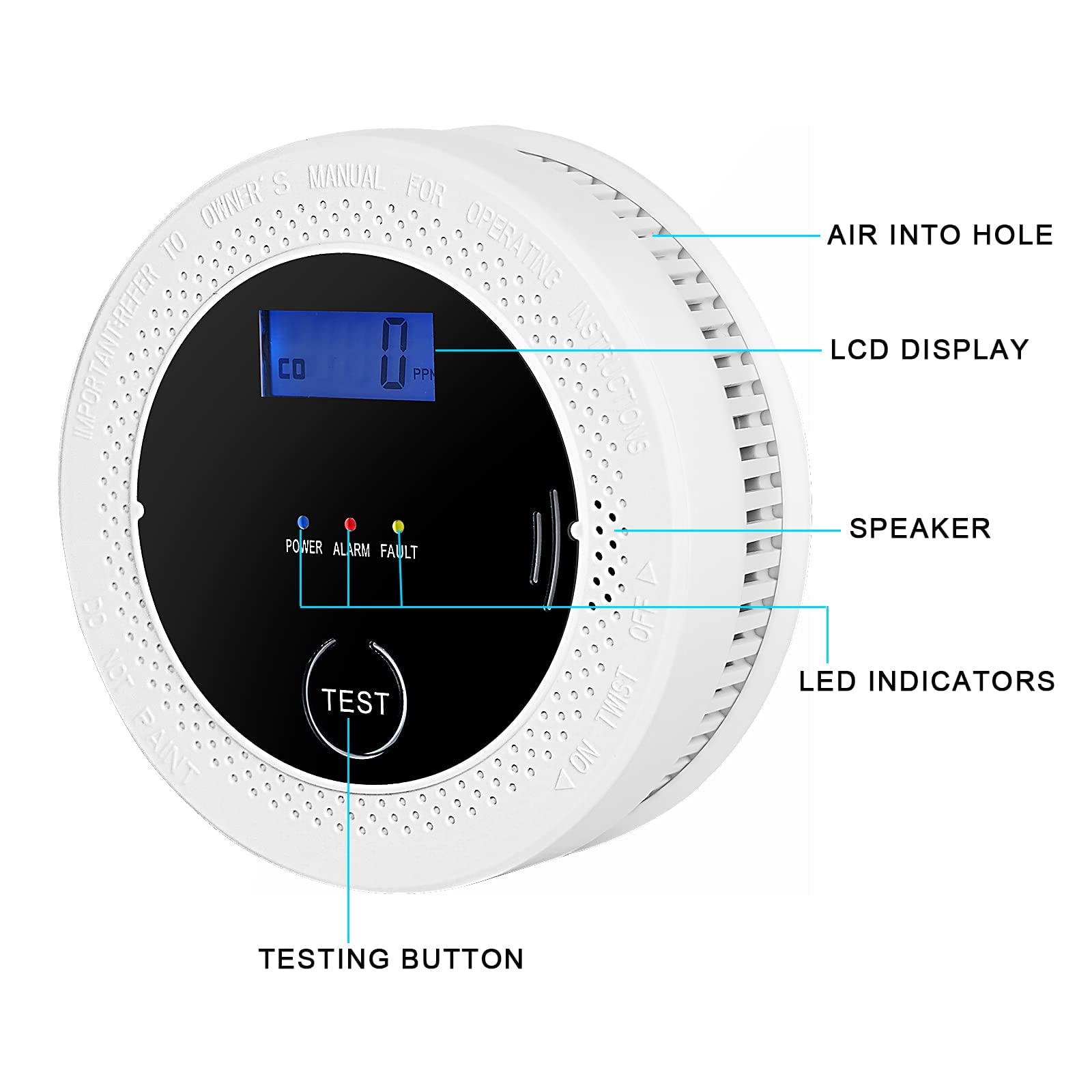 3 Pack Smoke and Carbon Monoxide detectors Powered by Batteries, with Digital Display, Smoke and Carbon Dioxide Dual Alarm sensors, Easy to Install Black