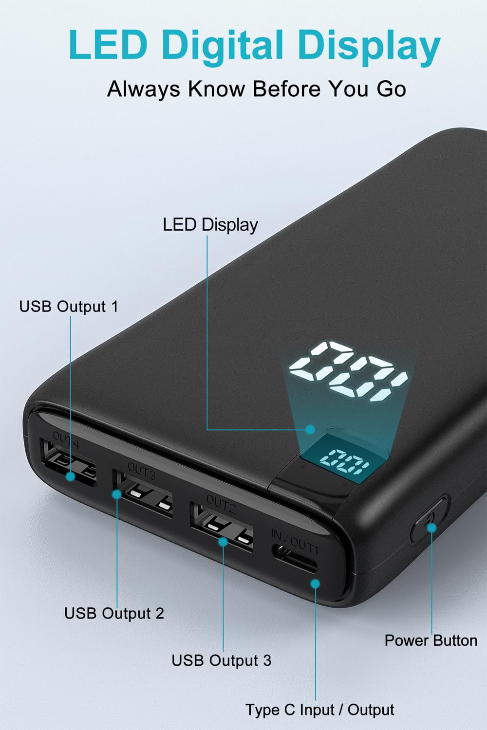 IXNINE Power Bank 26800mAh Portable Charger, High Capacity Phone Charger Compact External Battery Pack with LED Display and 4 Fast Charging Outputs for Cellphone Tablet