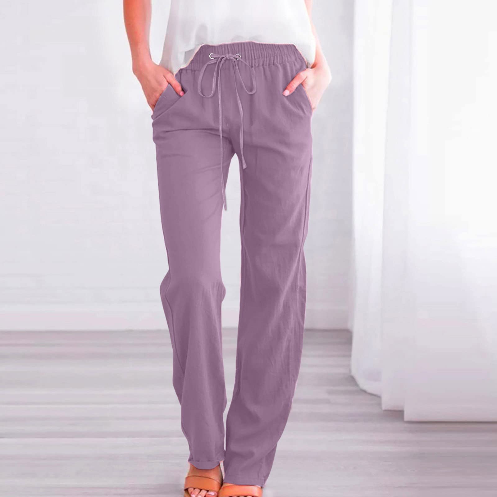LRMQS Day Prime Deals Today 2024 Womens Casual Linen Pants 2024 Spring Drawstring Elastic Waist Trousers with Pockets Lounge Fashion Vacation Clothing My Orders Lightning Deals of Today Prime