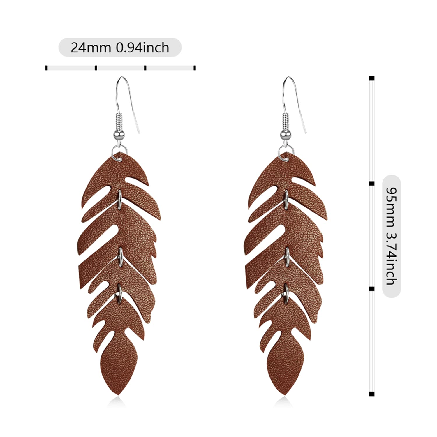 WUWEIJIAJIA Handmade Unique Lightweight Bohemian Genuine Leather Leaf Dangle Drop Earrings Dainty Sparkly Chain Feather Hook Earring for Women Statement (Brown)