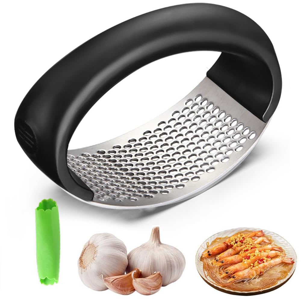 Upgraded 2025 Stainless Steel Garlic Press - Home Kitchen Utensil (1, Black)