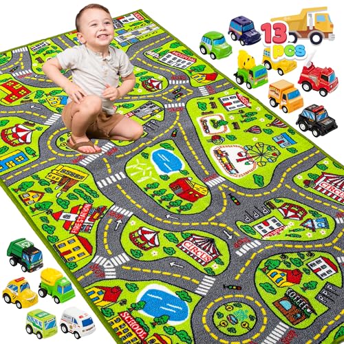 JOYIN Carpet Playmat w/ 12 Cars Pull-Back Vehicle Set for Kids Age 3+, Jumbo Play Room Rug, City Pretend Play