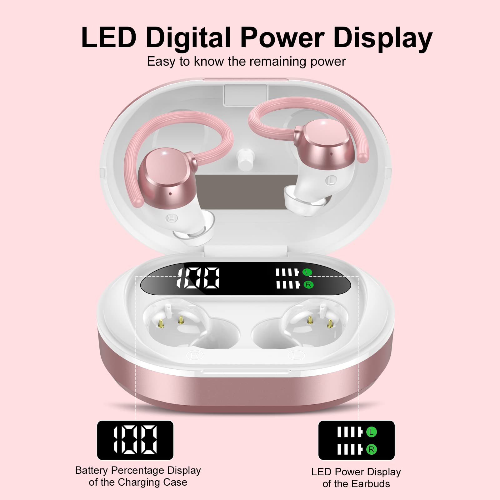 Ear buds Wireless Earbuds, HiFi Stereo Bluetooth 5.3 Running Headphones with Dual LED Display 30Hrs Playtime, Built-in Mic, Type-C, in-Ear Bluetooth Earphones with Earhooks for Sport, Rose Gold