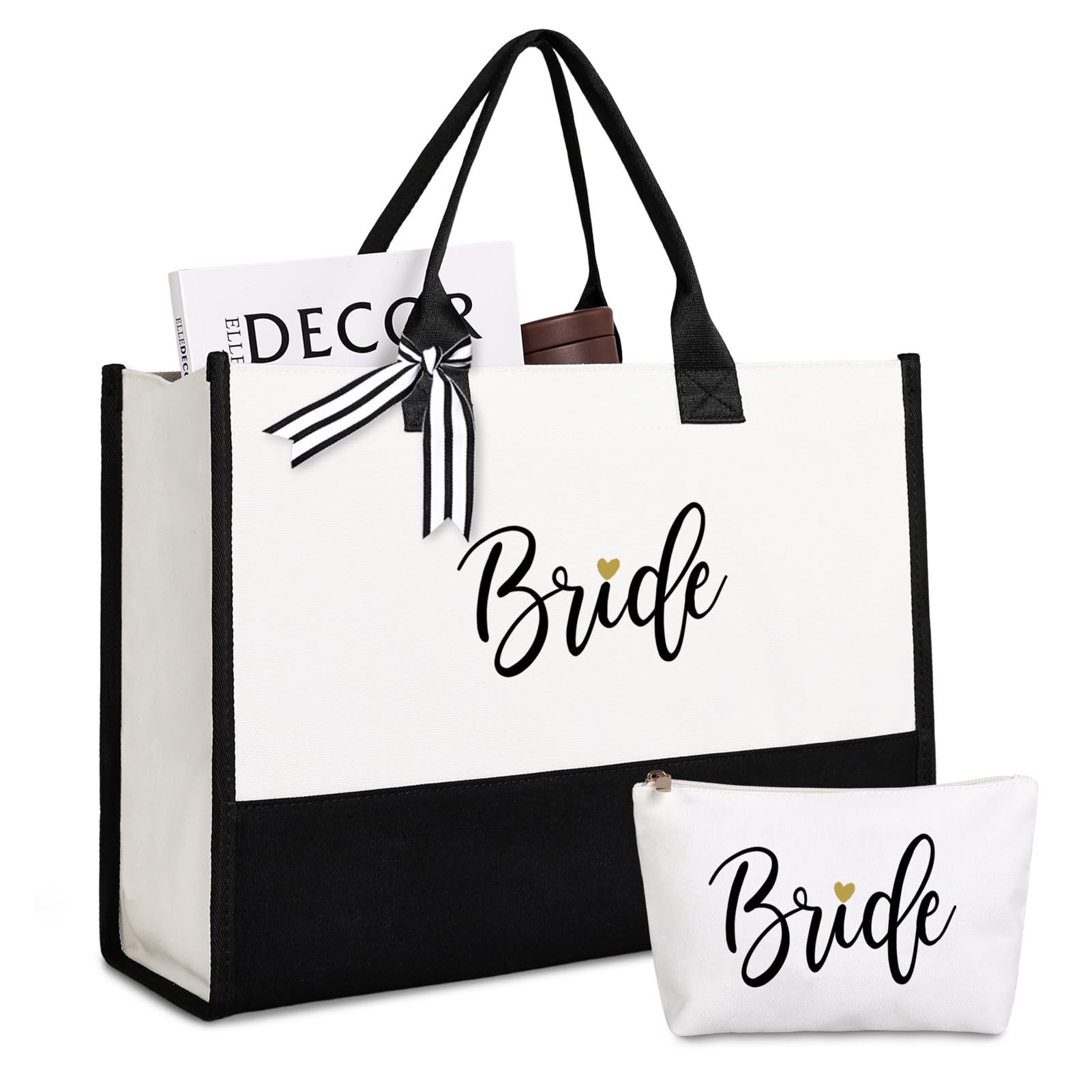 Lamyba Bride Bag with Makeup Bag and Reinforced Bottom, Bride Gifts/Bridal Shower Gifts for Bride, Black and White