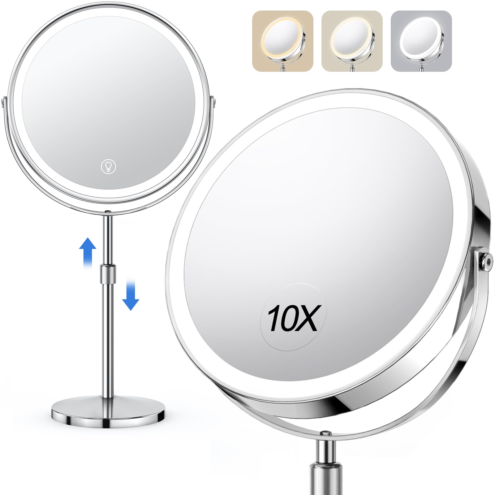 10x Large Lighted Makeup Mirror, Rechargeable 8" Height Adjustable Vanity Mirror, 1x/10x Magnifying Mirror with 3 Color, Brightness Adjustable, 360° Rotation Double Sided Mirror, Gift for Women