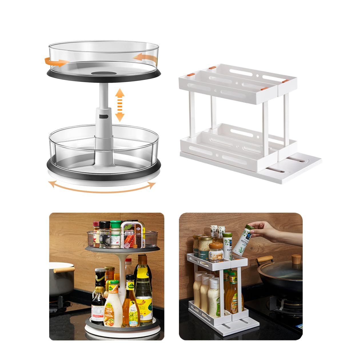 FDWYTY Pull & Rotate Spice Rack Organizer + 11 Inch Turntable Lazy Susan Organizer for Kitchen, Pantry, Countertop, Cabinet, Table, Fridge