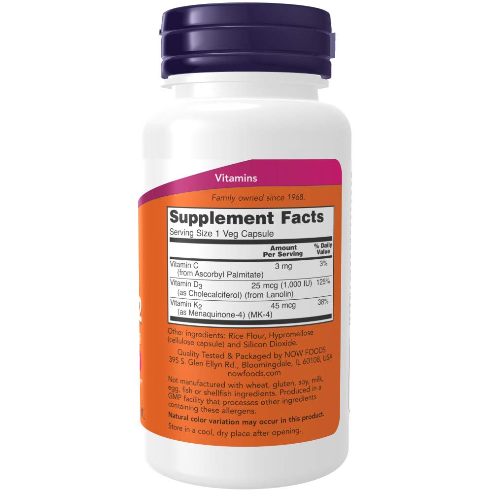 Now Foods Vitamin D-3 & K-2, 120 Vegetable Capsule (2 Pack)