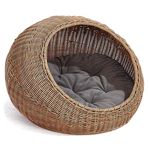 D+GARDEN Wicker Cat Bed Dome for Medium Indoor Cats - a Covered Cat Hideaway Hut of Faux Rattan Houses Pets in Dome Basket, Washable