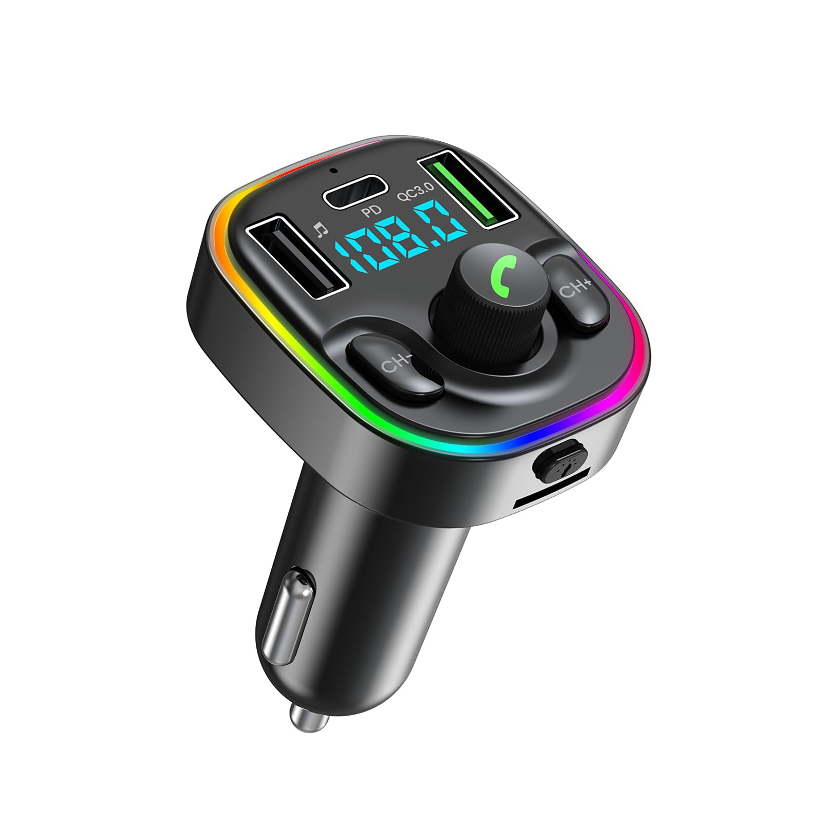 Bluetooth 5.3 FM Transmitter Car Adapter - Bluetooth Car Adapter with Fast Charger [PD 30W & QC3.0 18W]，Hi-Fi Audio & Clear Calls, 7 Colors LED Backlit