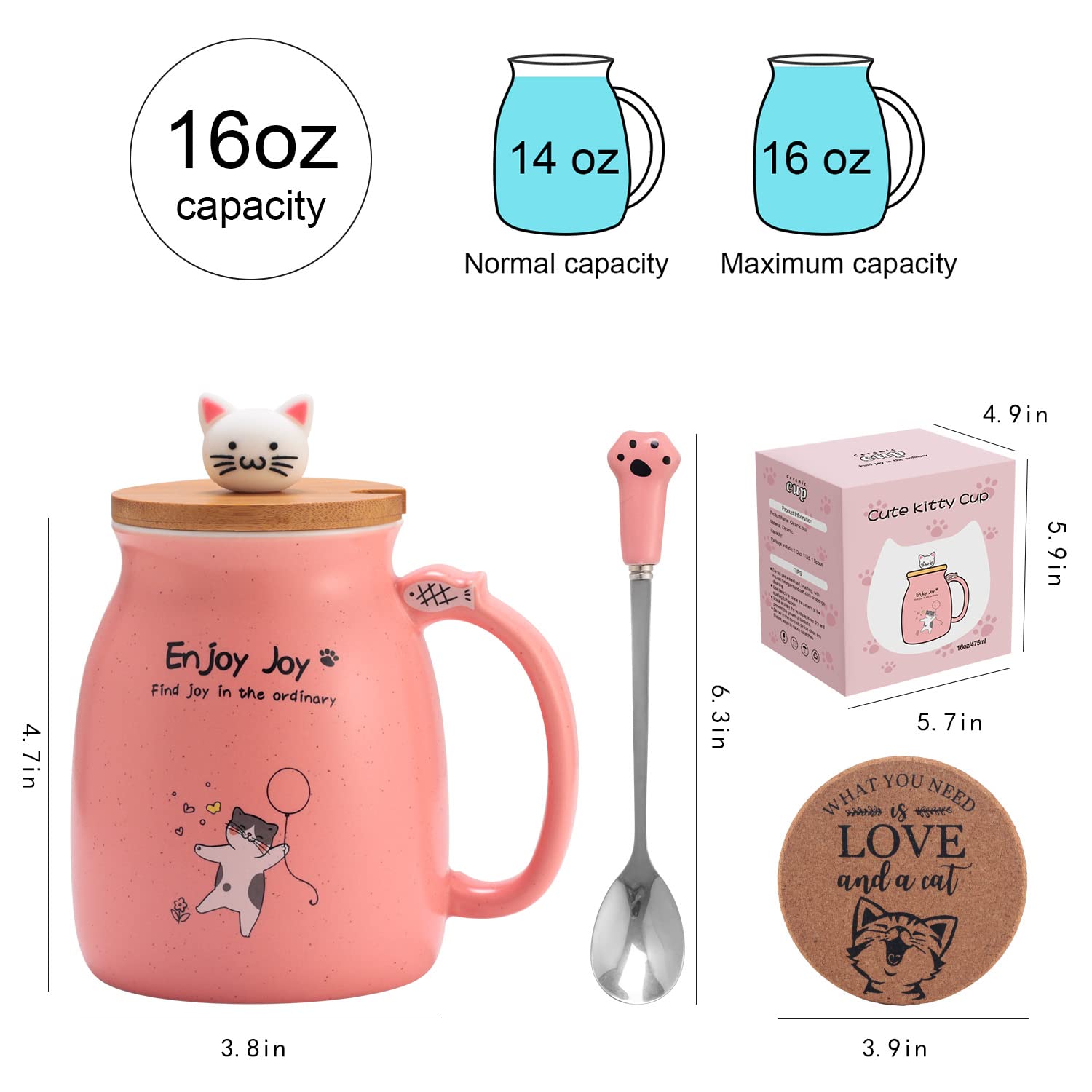 Novelty Cat Mug Cute Ceramic Coffee Cup with Kawaii Wooden Kitty Lid, Lovely Cat Claw Spoon, Anime Wooden Cat Coaster, Cat Things Pink Birthday Mug Gift for Cat Lovers Girl Kids Women 480ML (Pink)