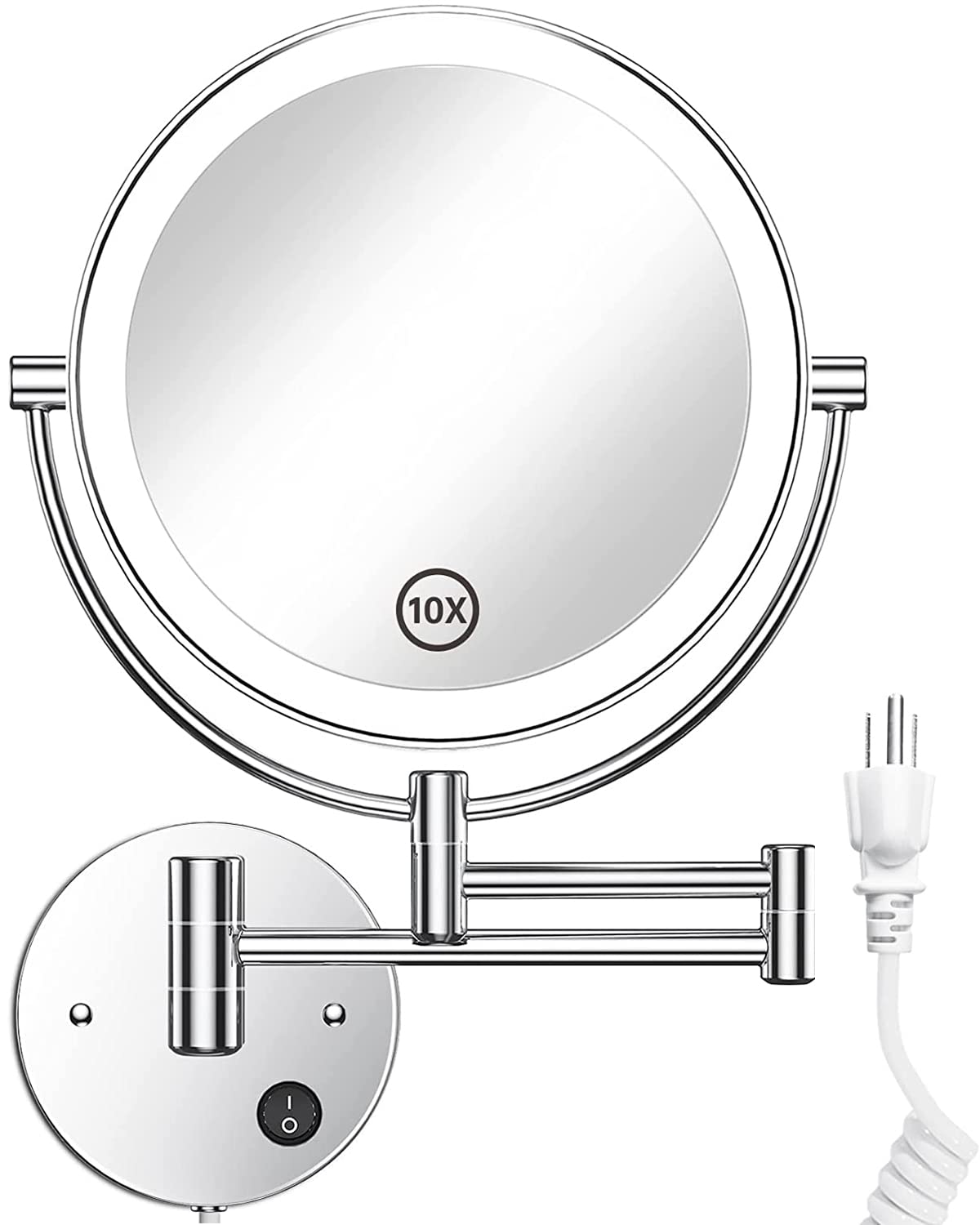 Gospire 8.5 Inch LED Wall Mounted Makeup Mirror Round Double Sided 1X/10X Magnifying Vanity Mirror with Lights 360 Degree Swivel Lighted Cosmetic Mirror (8.5 Inch-10X, Chrome Mirror with LED)