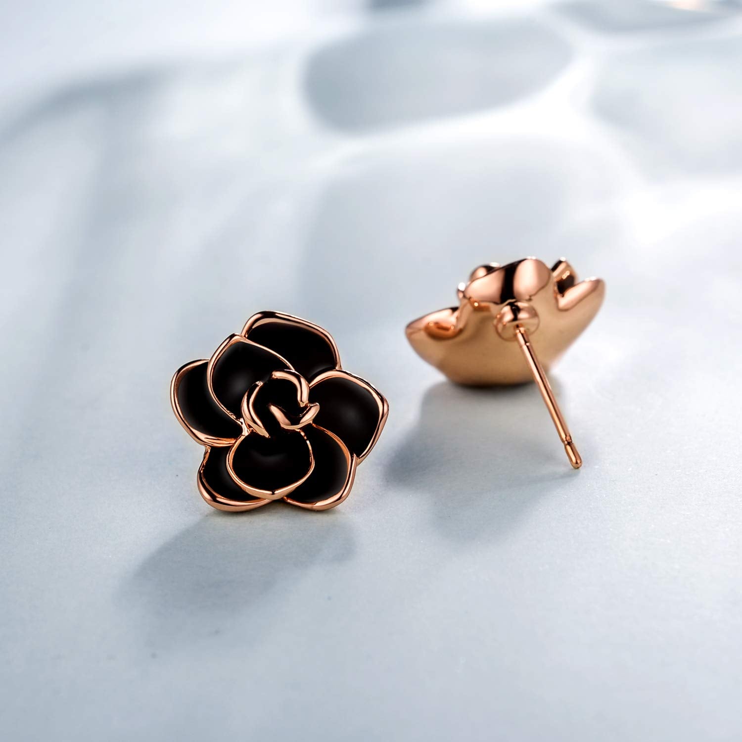 Flower Stud Earrings Hypoallergenic for Women - 18K Gold Plated Rose Earrings for Sensitive Ears, Nickel Free (Large Black)