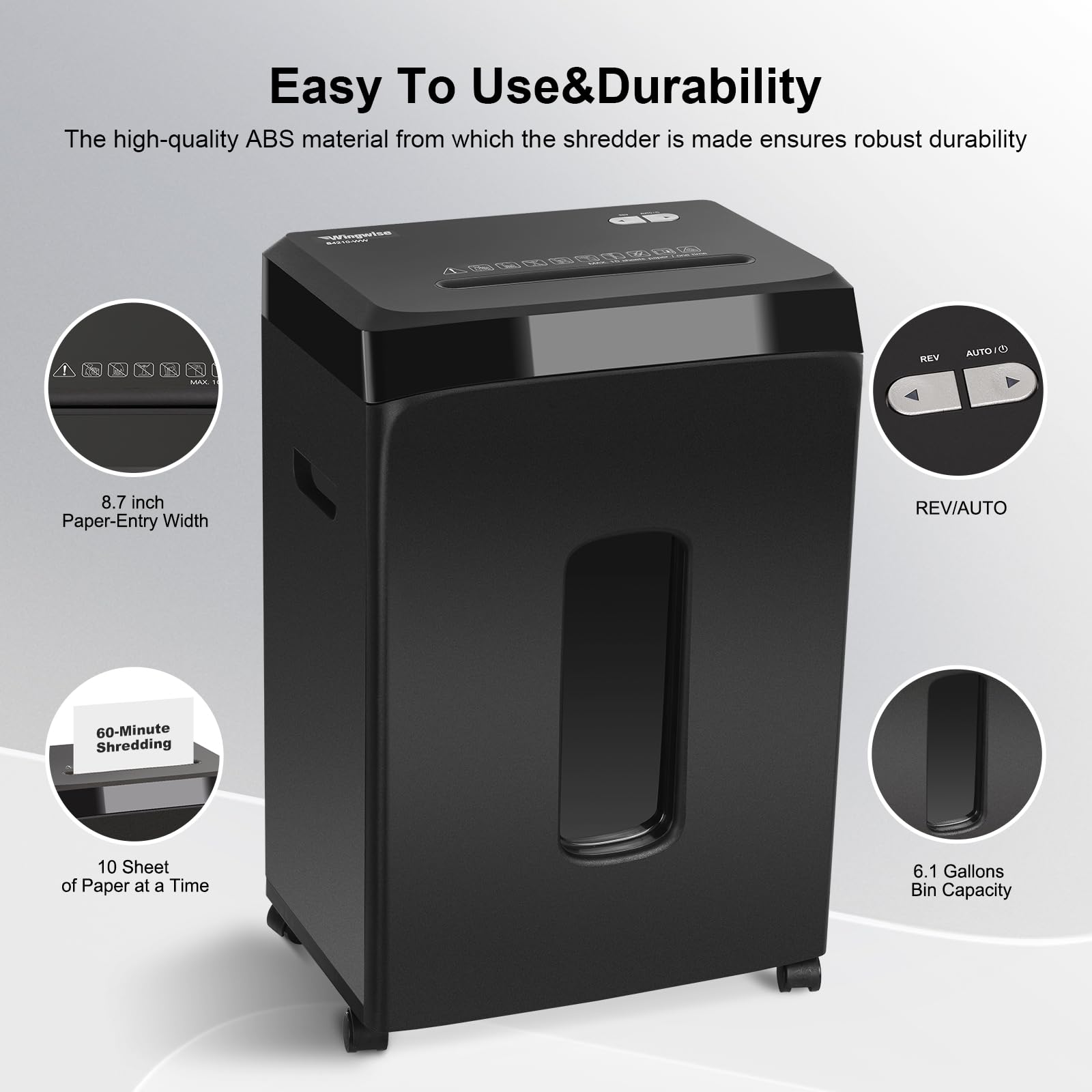 Wingwise P5 Paper Shredder for Home Office,60-Min Shredding, P-5 Micro Cut High-Security Heavy Duty Shredders,58 dB Quiet,10-Sheet Jam-Proof with 6.1 Gallon Bin, Shreds Credit Card & Staples(PRO)