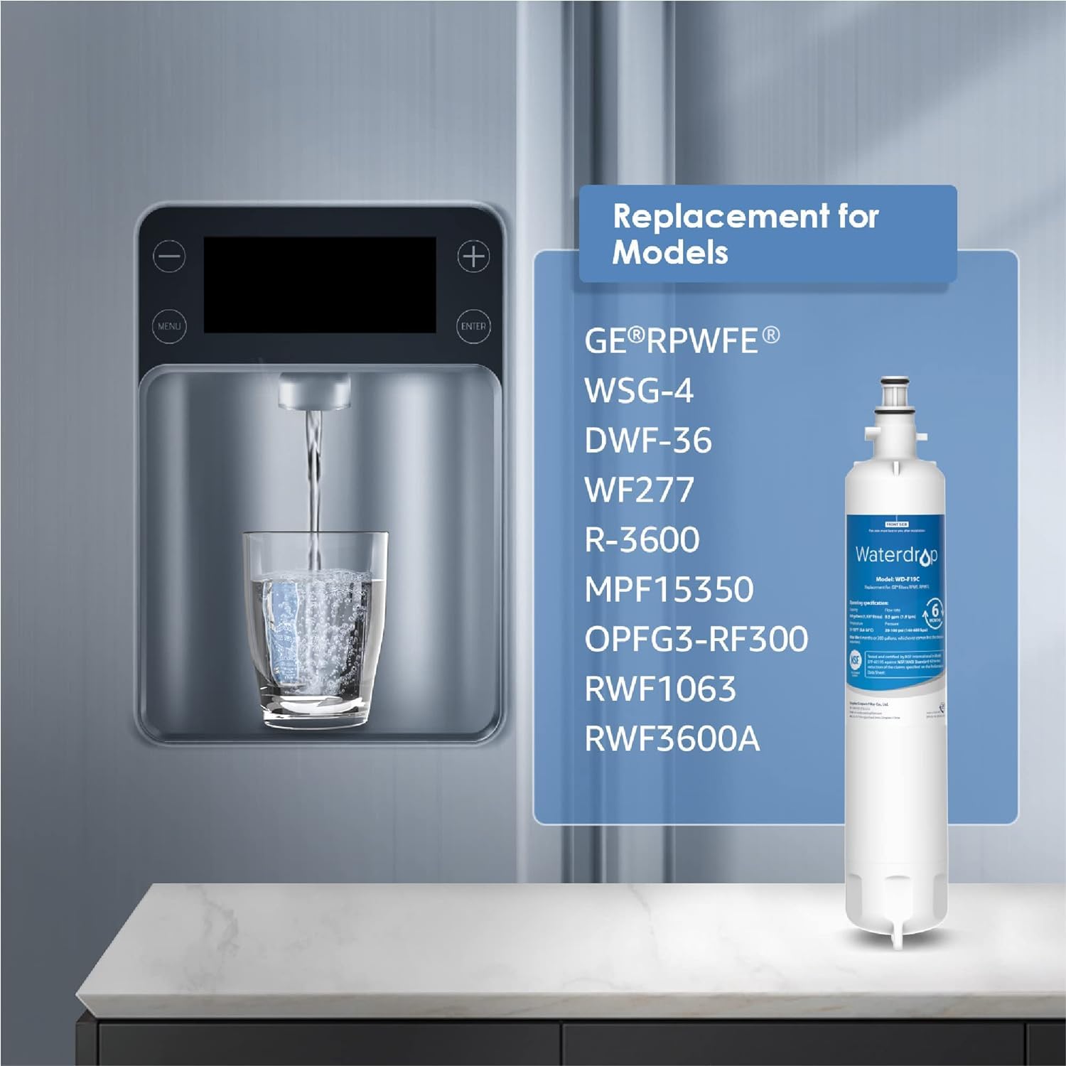 Waterdrop WD-F19C Replacement for GE® RPWFE®, RPWF (Built-in CHIP) Refrigerator Water Filter, Compatible with GFE28GYNFS, GFE28GELDS, PFE28KELDS, PFE28KYNFS, GFD28GELDS, PWE23KELDS, 2 Filters