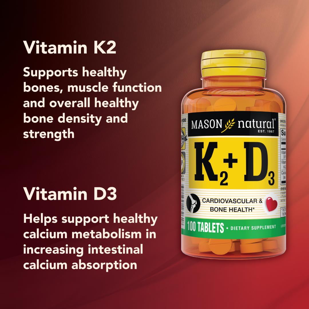 MASON NATURAL Vitamin K2 100 mcg plus Vitamin D3 - Supports Bone, Cardiovascular & Muscle Health, 100 Tablets